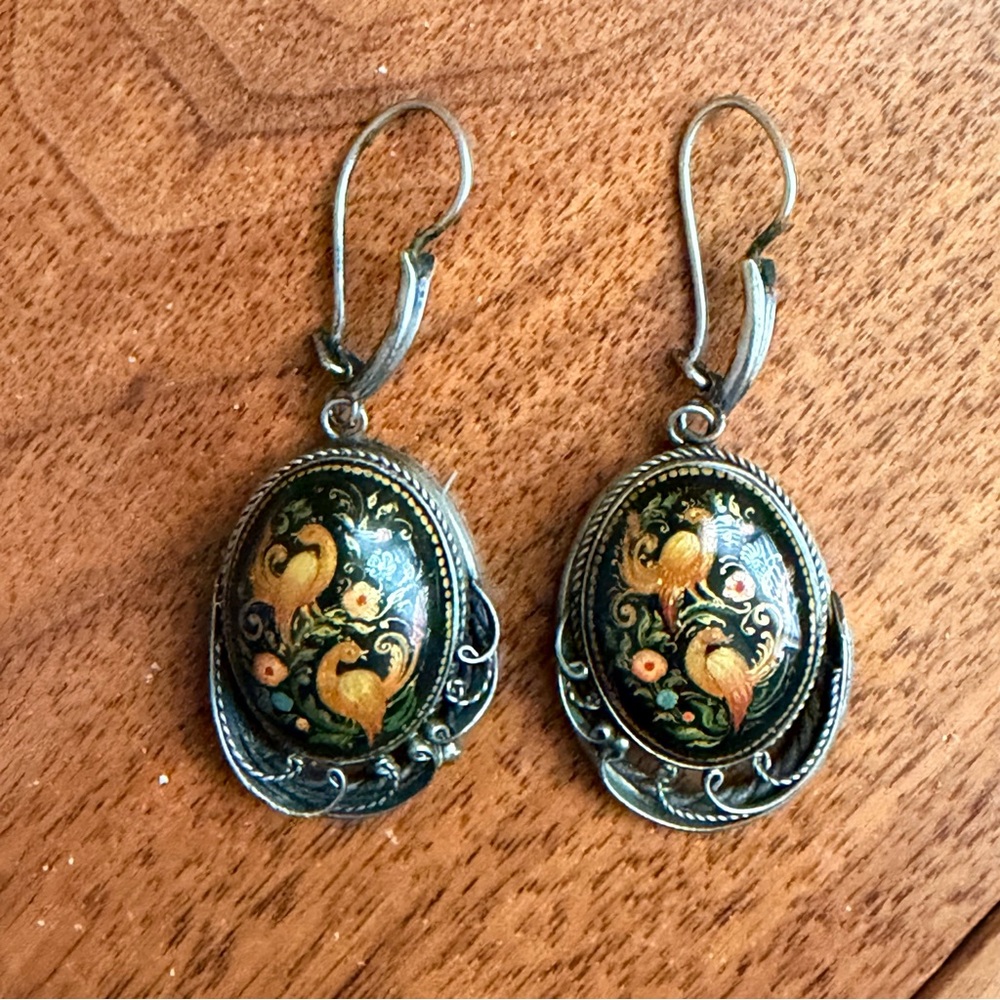 Vintage Russian Palekh Bird & Floral Earrings Hand Painted Folk Art USSR